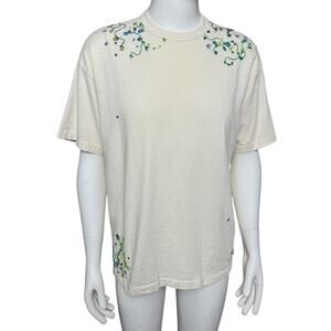 OFY Floral Embroidery Tee Size M 100% Cotton Short Sleeves Made in USA